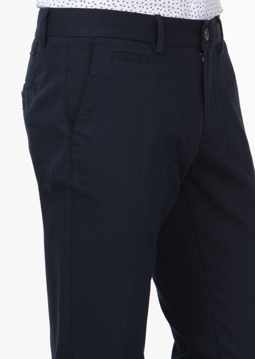 Navy Blue Weaving Regular Fit Casual Cotton Blended Trousers - 3