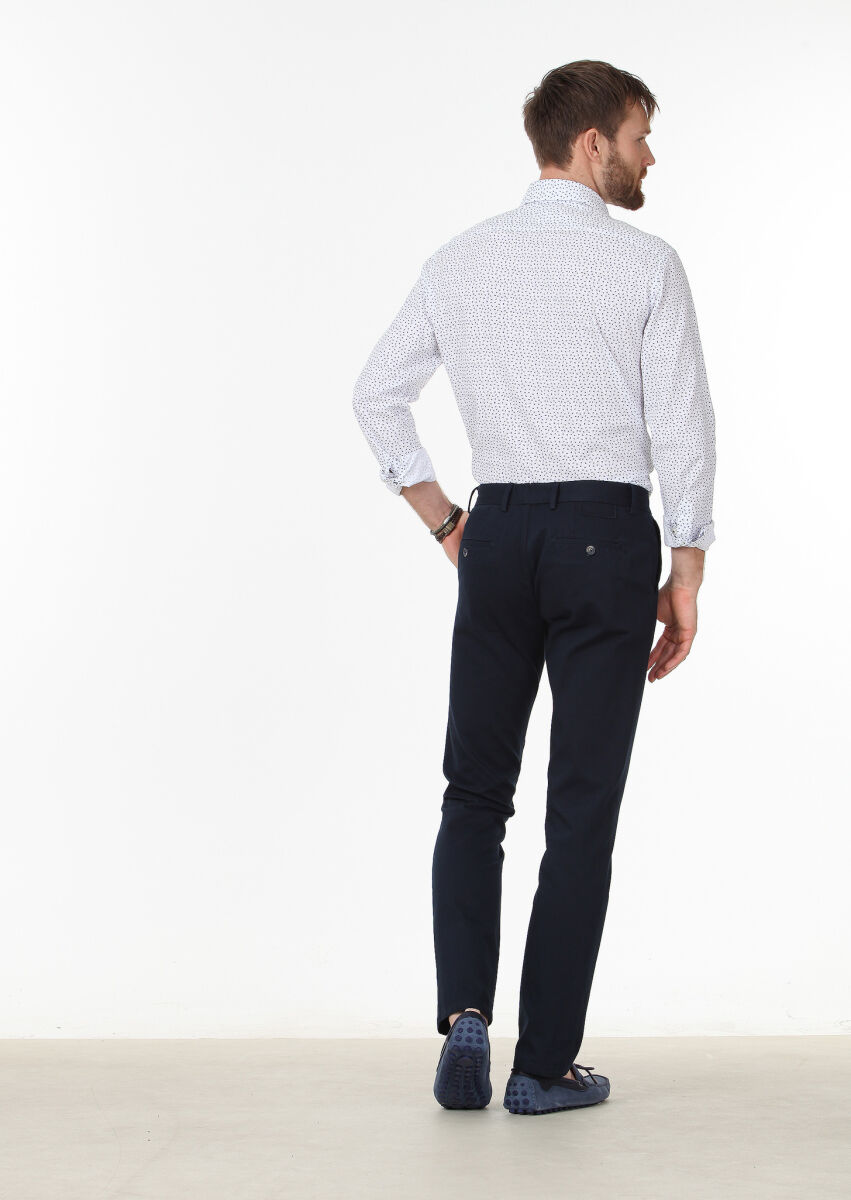Navy Blue Weaving Regular Fit Casual Cotton Blended Trousers - 4