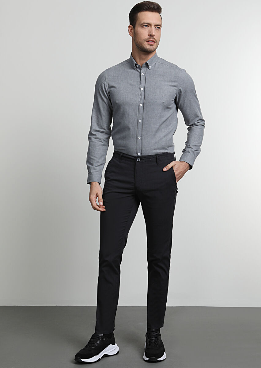 Navy Blue Weaving Regular Fit Casual Cotton Blended Trousers - 1