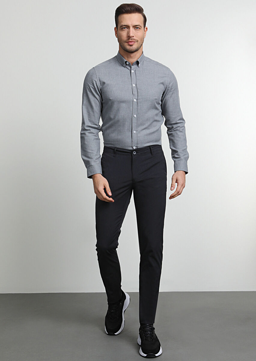 Navy Blue Weaving Regular Fit Casual Cotton Blended Trousers - 3