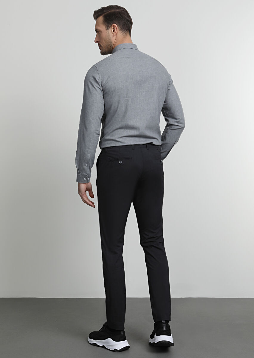 Navy Blue Weaving Regular Fit Casual Cotton Blended Trousers - 4