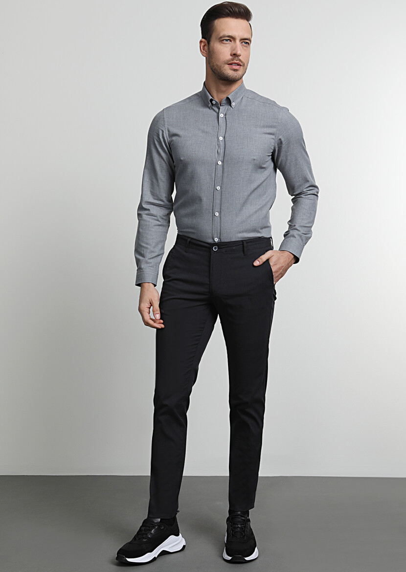 Navy Blue Weaving Regular Fit Casual Cotton Blended Trousers 