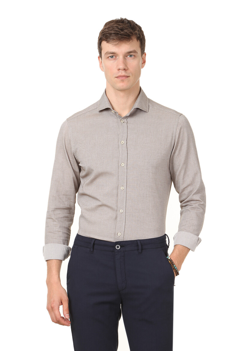 Navy Blue Weaving Regular Fit Casual Cotton Blended Trousers - 1