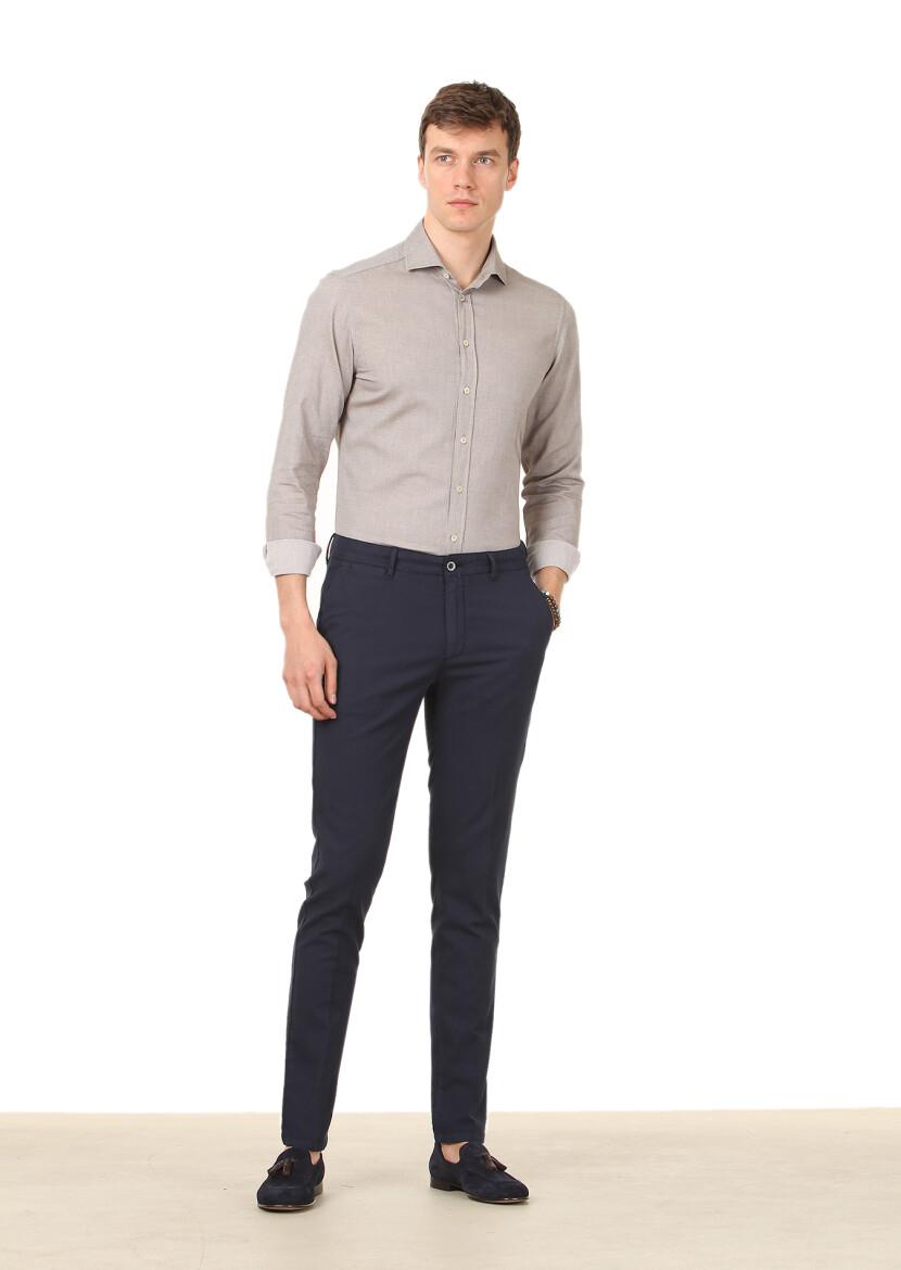 Navy Blue Weaving Regular Fit Casual Cotton Blended Trousers - 3