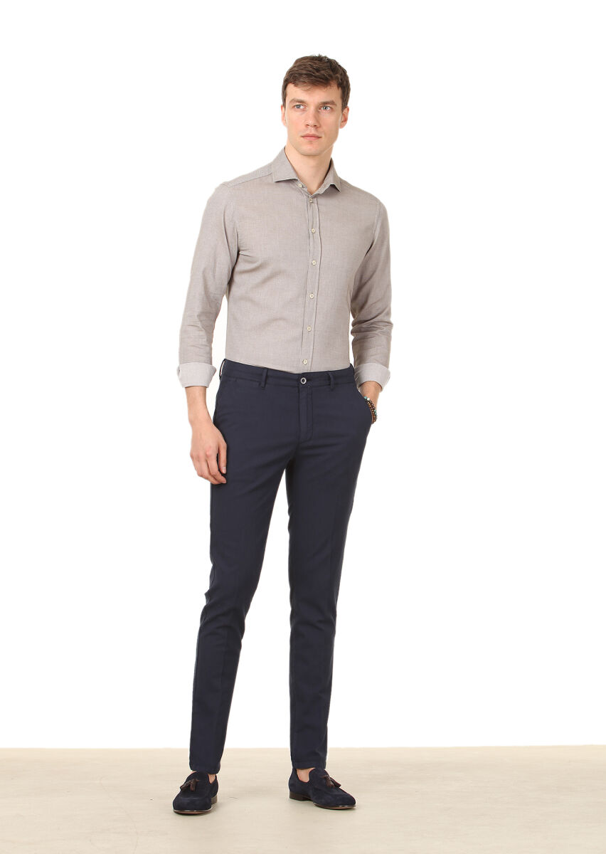 Navy Blue Weaving Regular Fit Casual Cotton Blended Trousers - 3