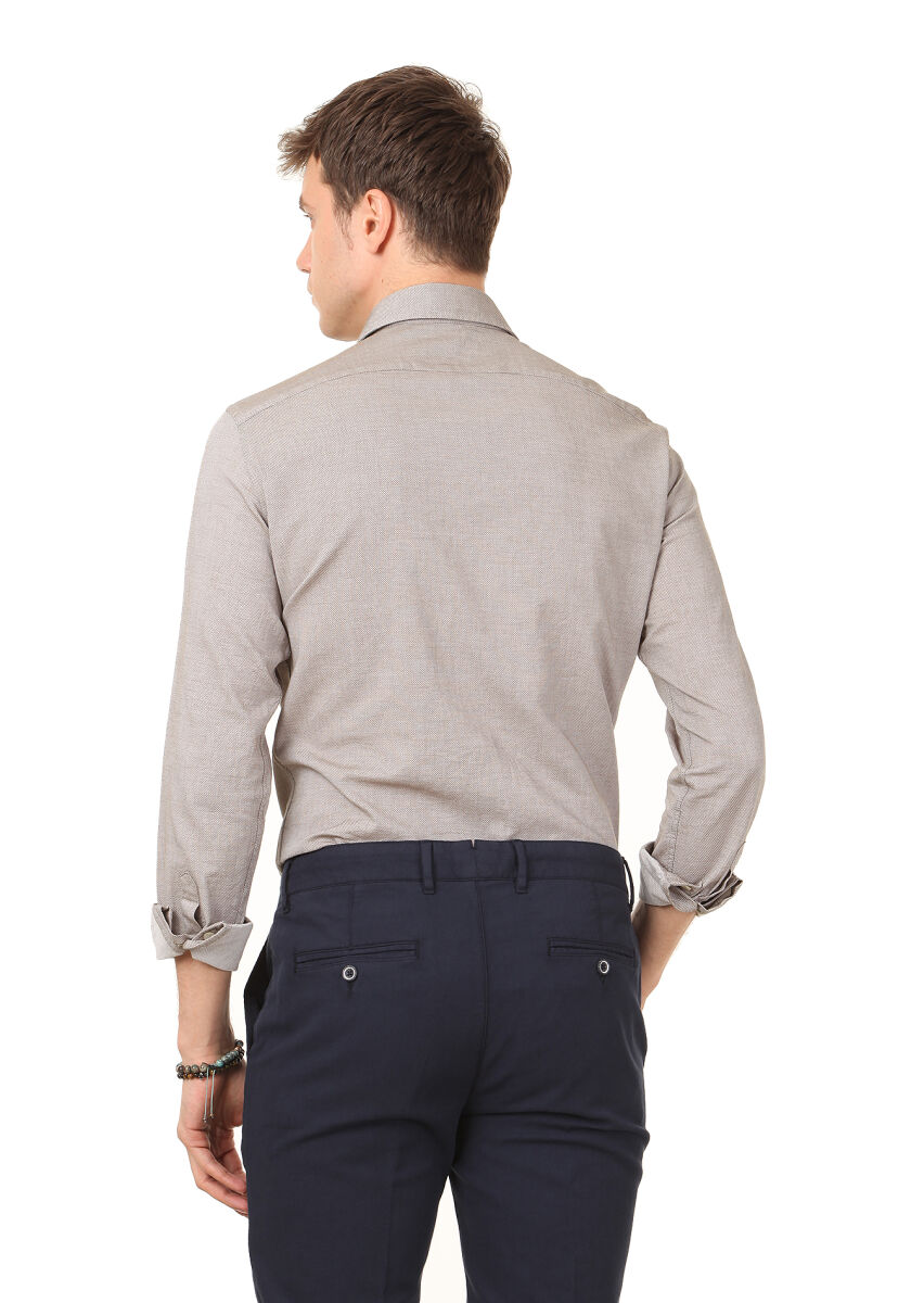 Navy Blue Weaving Regular Fit Casual Cotton Blended Trousers - 4