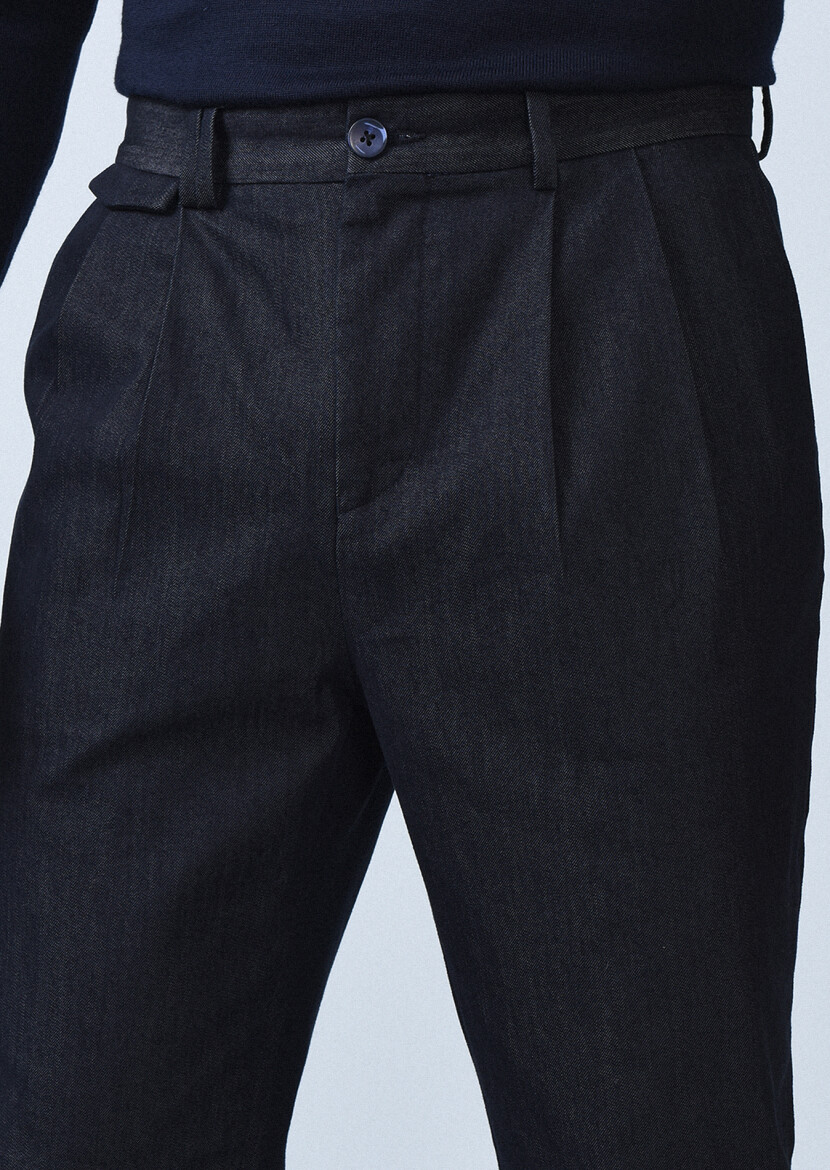 Navy Blue Weaving Regular Fit Casual Cotton Blended Trousers - 1
