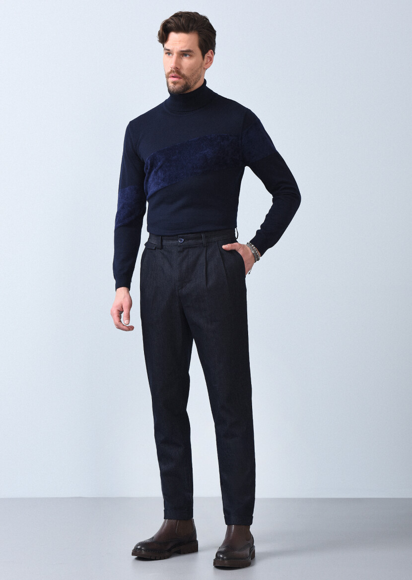 Navy Blue Weaving Regular Fit Casual Cotton Blended Trousers - 2