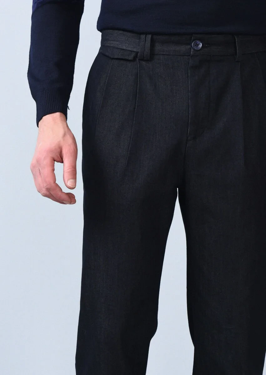Navy Blue Weaving Regular Fit Casual Cotton Blended Trousers - 4