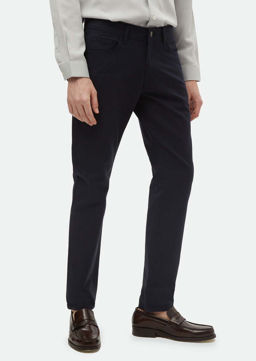 Navy Blue Weaving Regular Fit Casual Cotton Blended Trousers - 3