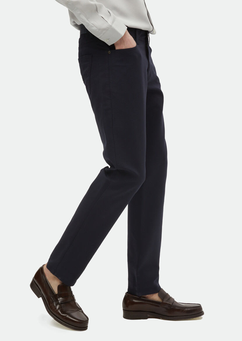 Navy Blue Weaving Regular Fit Casual Cotton Blended Trousers - 2