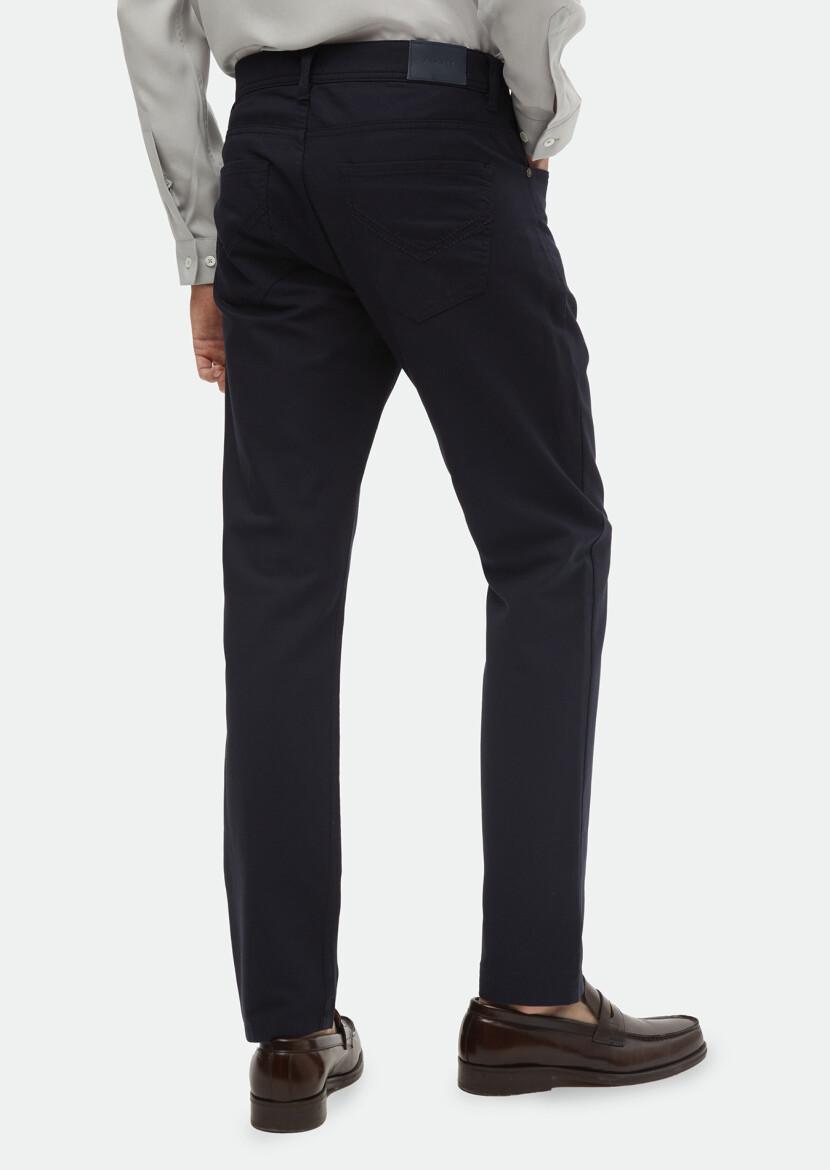 Navy Blue Weaving Regular Fit Casual Cotton Blended Trousers - 5