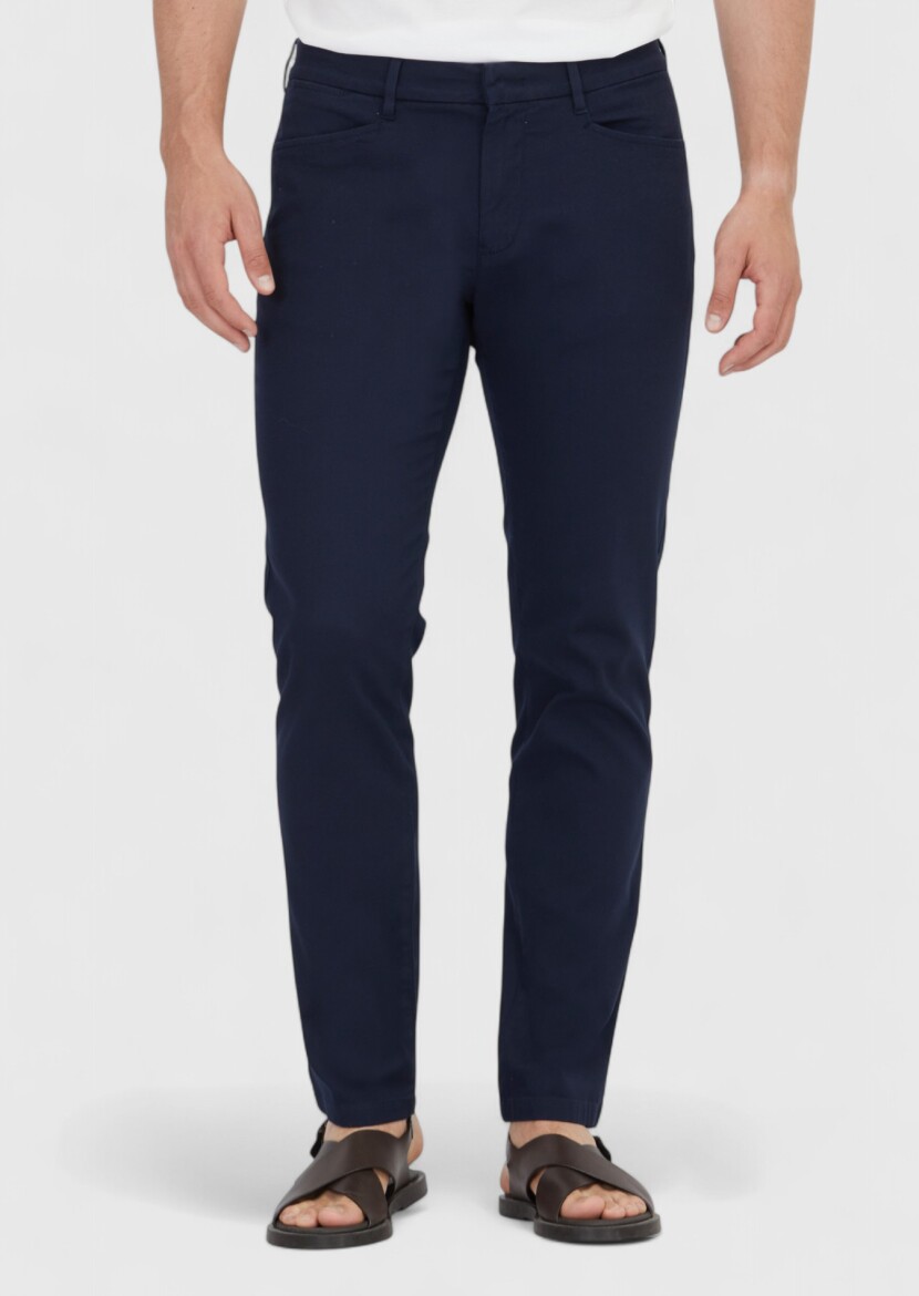 Navy Blue Weaving Regular Fit Casual Cotton Blended Trousers - RAMSEY