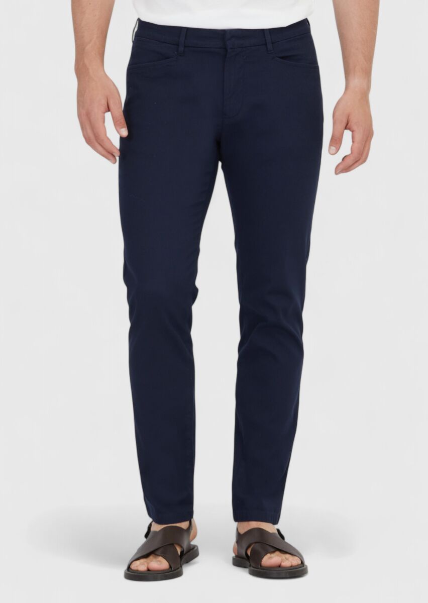 Navy Blue Weaving Regular Fit Casual Cotton Blended Trousers - 2
