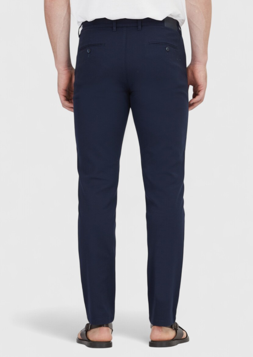 Navy Blue Weaving Regular Fit Casual Cotton Blended Trousers - 4