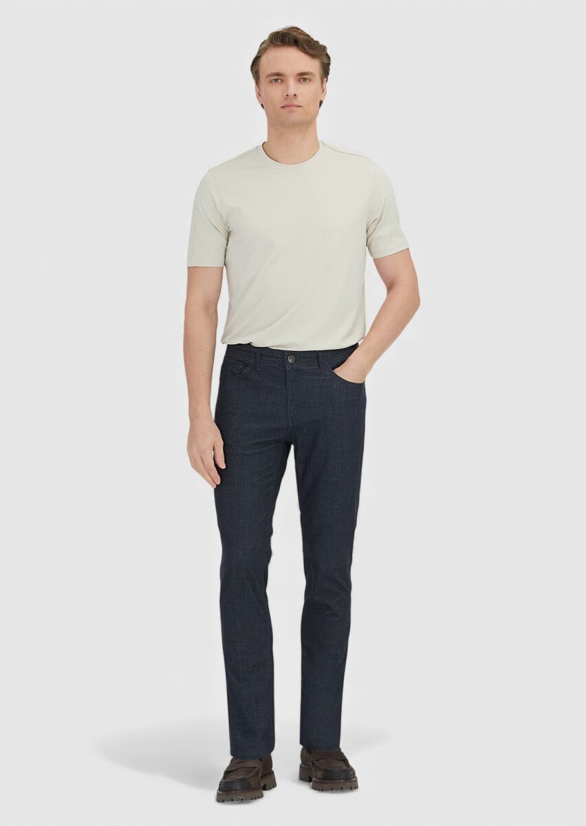 Navy Blue Weaving Regular Fit Casual Cotton Blended Trousers - 1