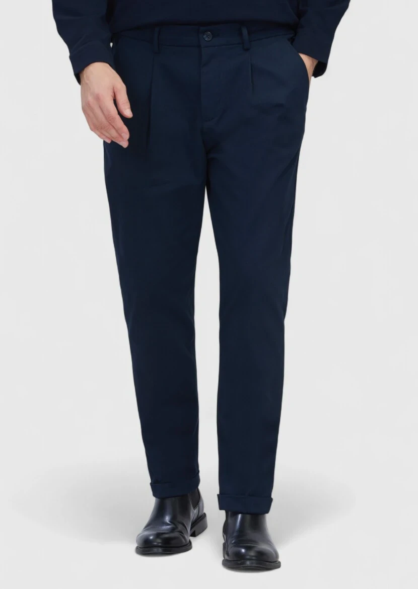 Navy Blue Weaving Regular Fit Casual Cotton Blended Trousers - RAMSEY