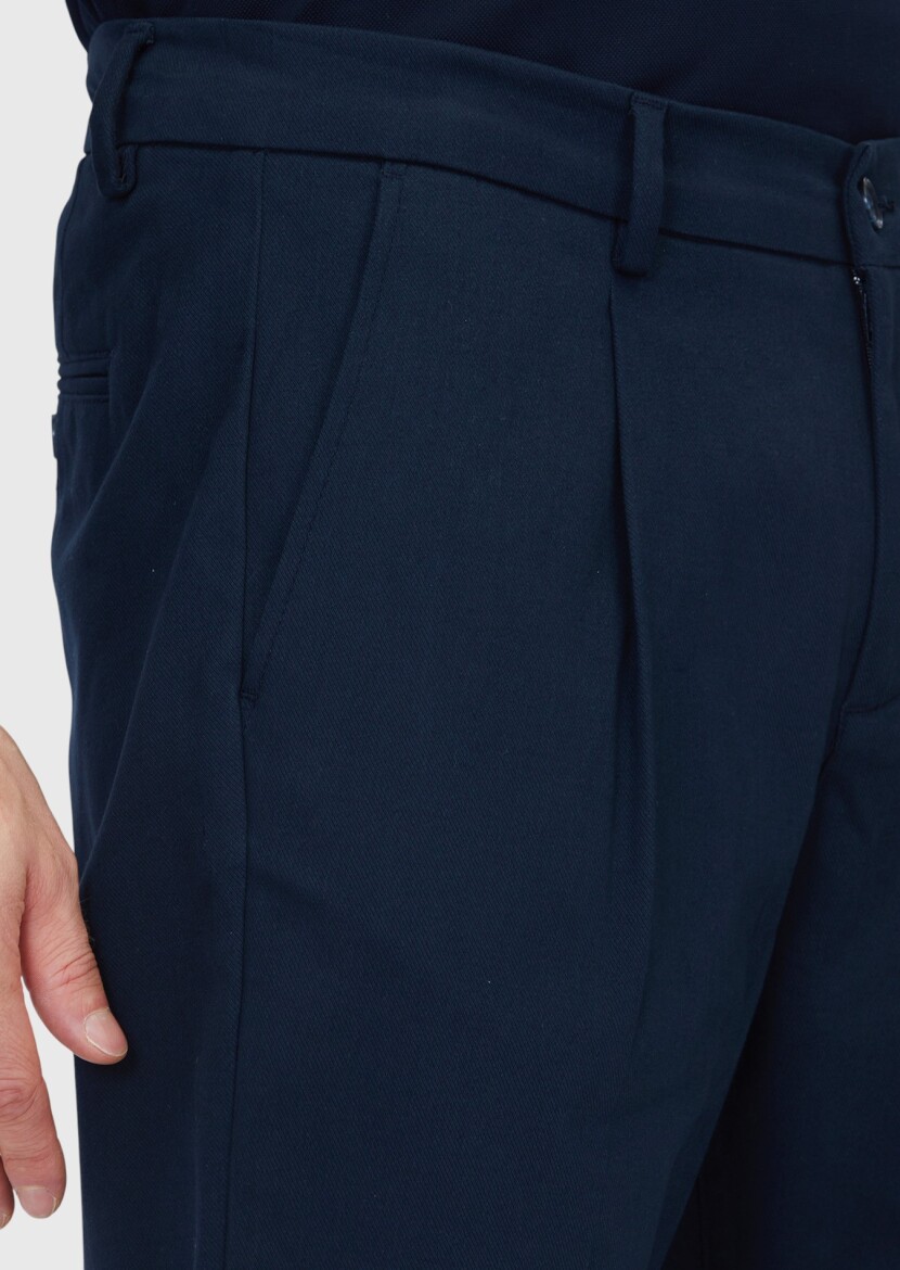 Navy Blue Weaving Regular Fit Casual Cotton Blended Trousers - 3