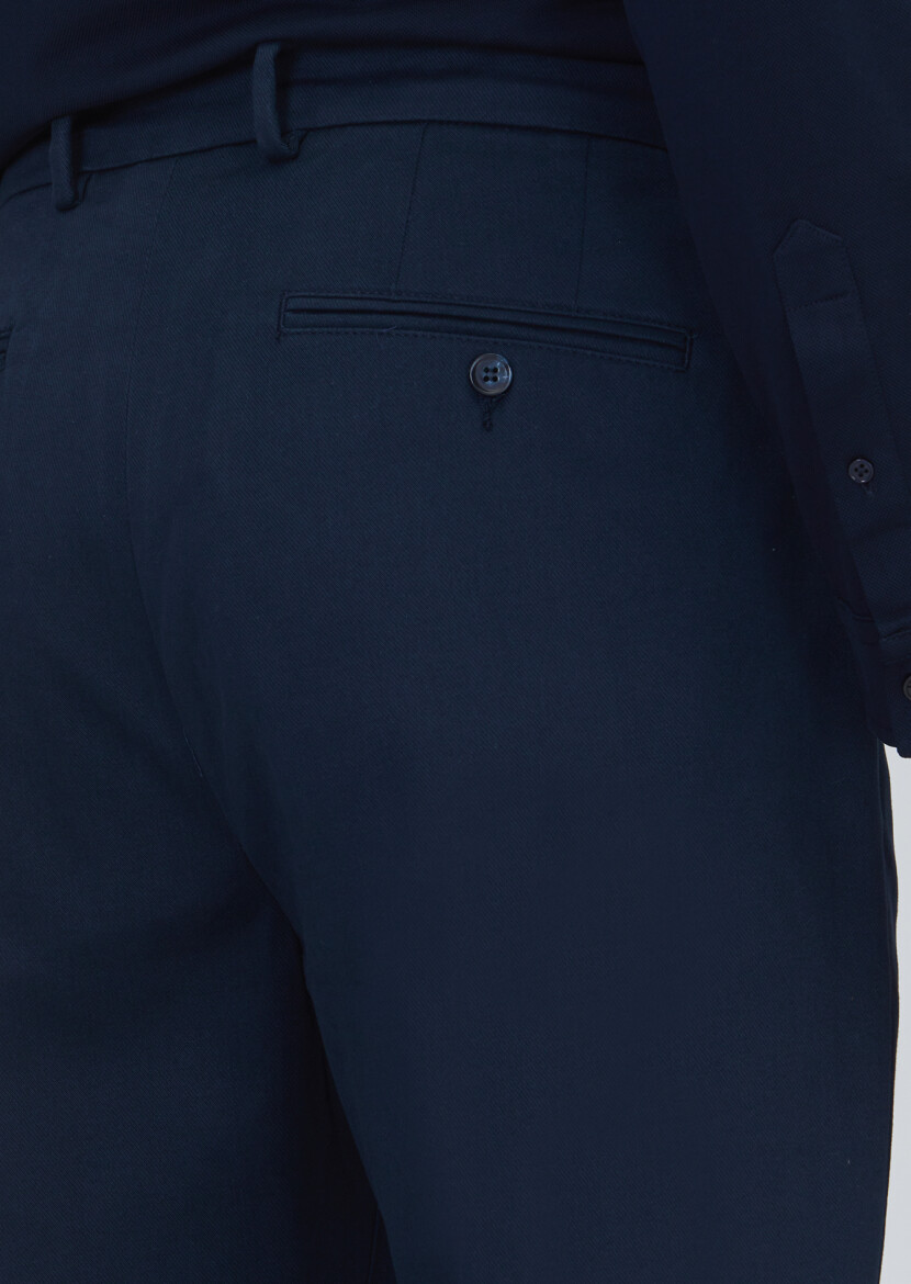 Navy Blue Weaving Regular Fit Casual Cotton Blended Trousers - 4