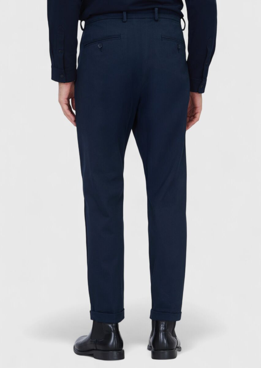Navy Blue Weaving Regular Fit Casual Cotton Blended Trousers - 5