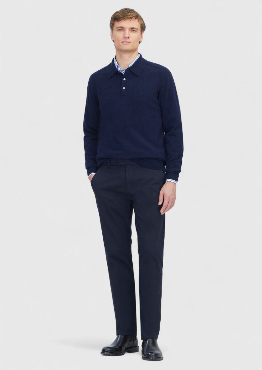 Navy Blue Weaving Regular Fit Casual Cotton Blended Trousers - 1