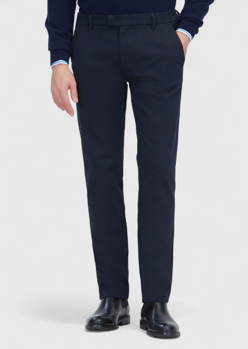 Navy Blue Weaving Regular Fit Casual Cotton Blended Trousers - RAMSEY