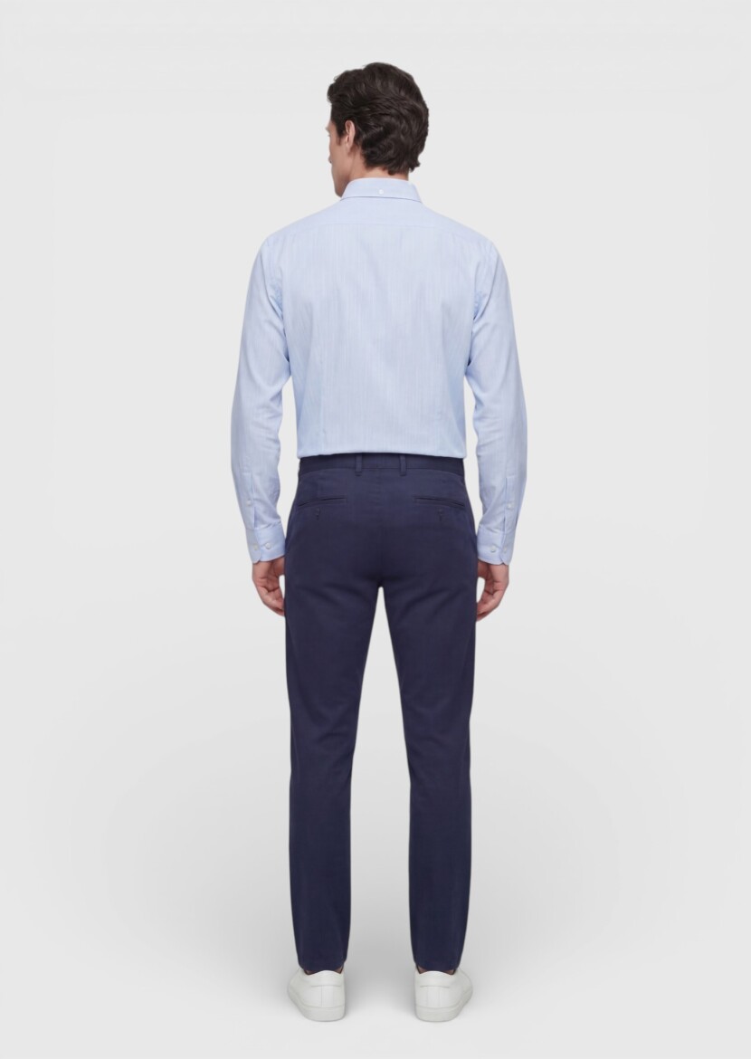 Navy Blue Weaving Regular Fit Casual Cotton Blended Trousers - 4