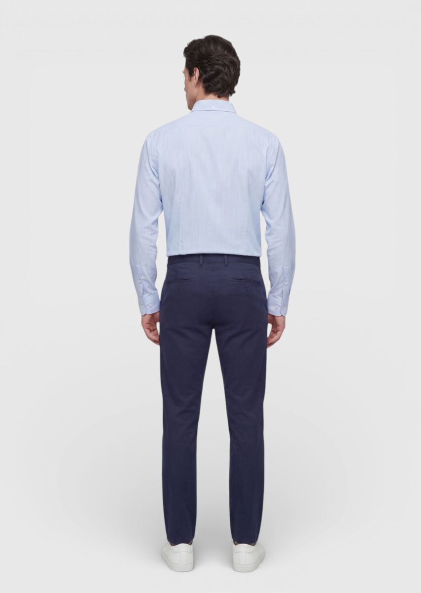 Navy Blue Weaving Regular Fit Casual Cotton Blended Trousers - 4