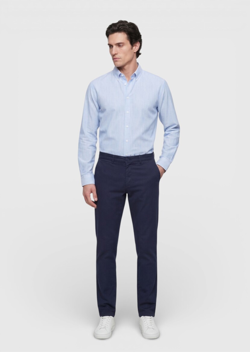 Navy Blue Weaving Regular Fit Casual Cotton Blended Trousers - RAMSEY