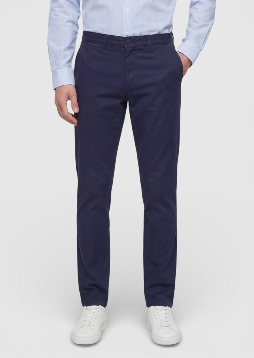 Navy Blue Weaving Regular Fit Casual Cotton Blended Trousers - 2
