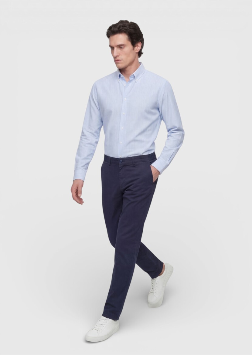 Navy Blue Weaving Regular Fit Casual Cotton Blended Trousers - 3
