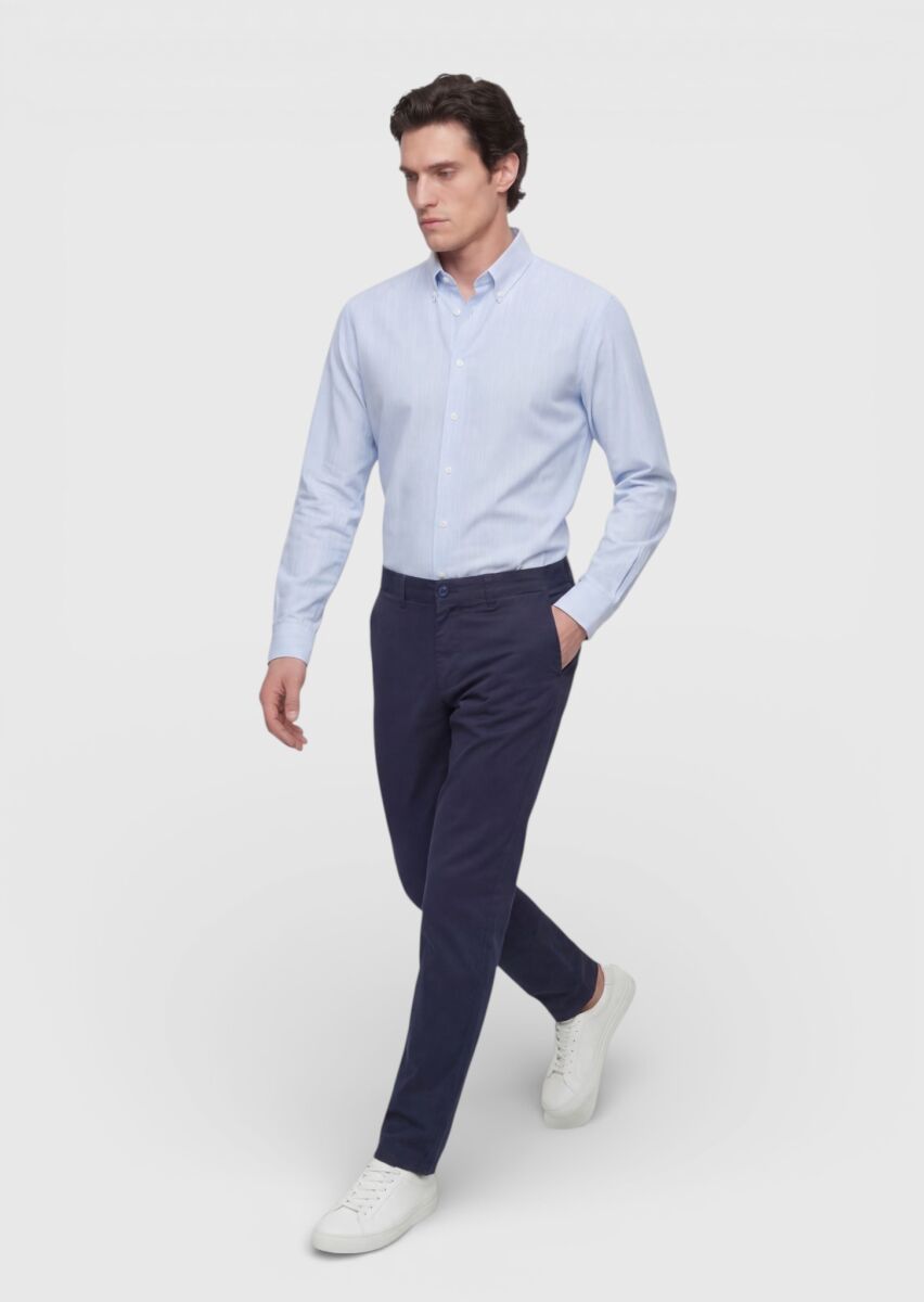 Navy Blue Weaving Regular Fit Casual Cotton Blended Trousers - 3