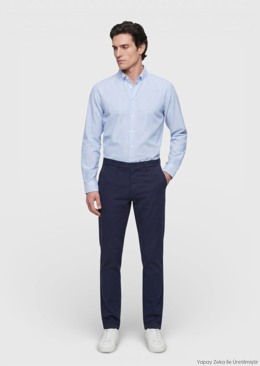 Navy Blue Weaving Regular Fit Casual Cotton Blended Trousers - RAMSEY