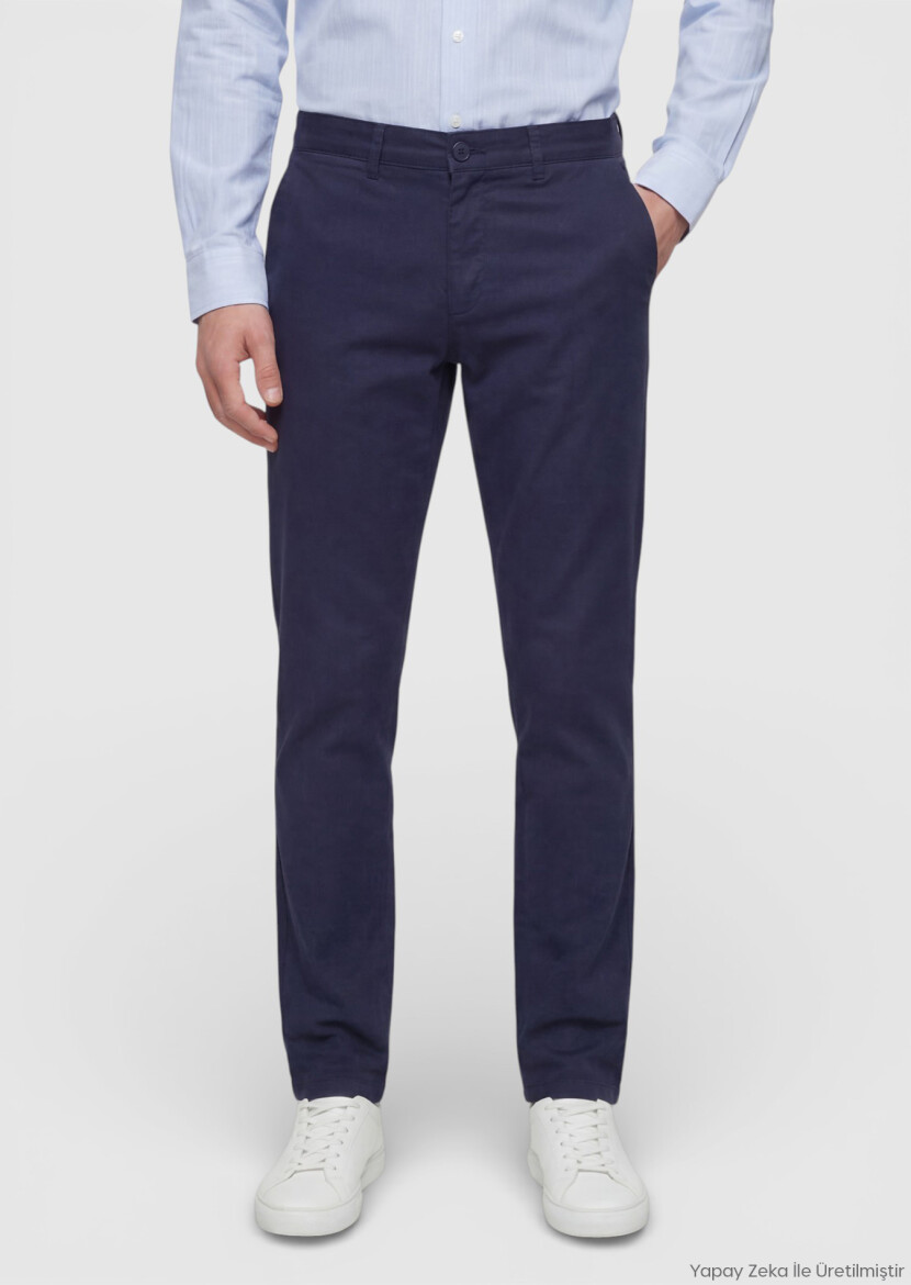 Navy Blue Weaving Regular Fit Casual Cotton Blended Trousers - RAMSEY