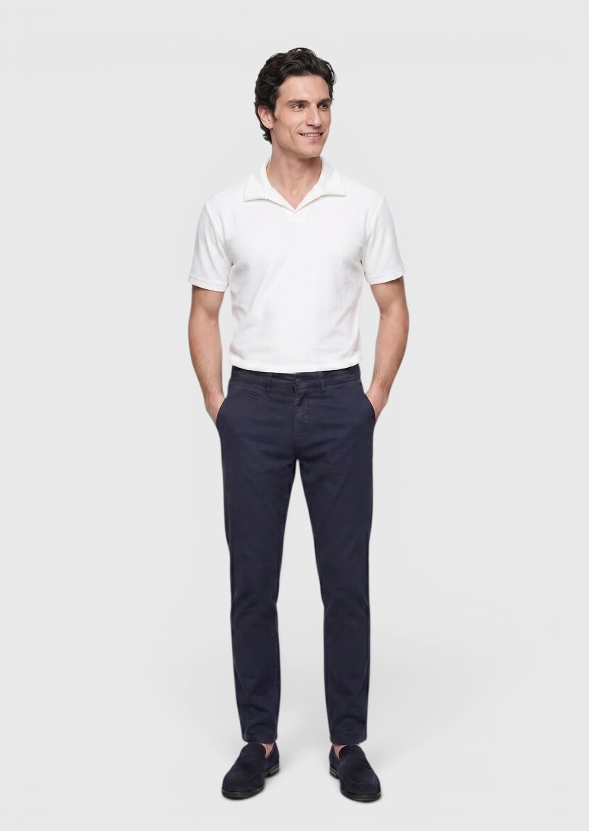 Navy Blue Weaving Regular Fit Casual Cotton Blended Trousers 