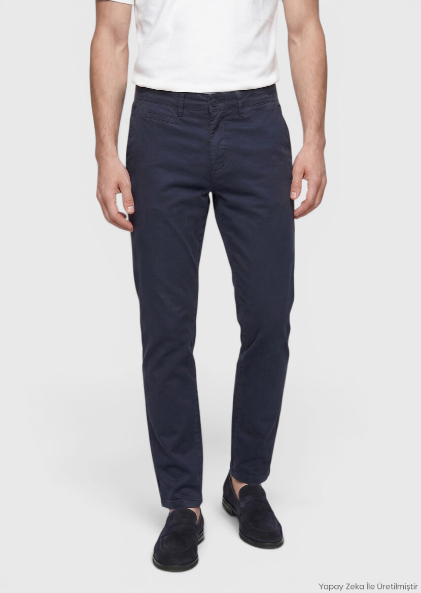 Navy Blue Weaving Regular Fit Casual Cotton Blended Trousers - RAMSEY
