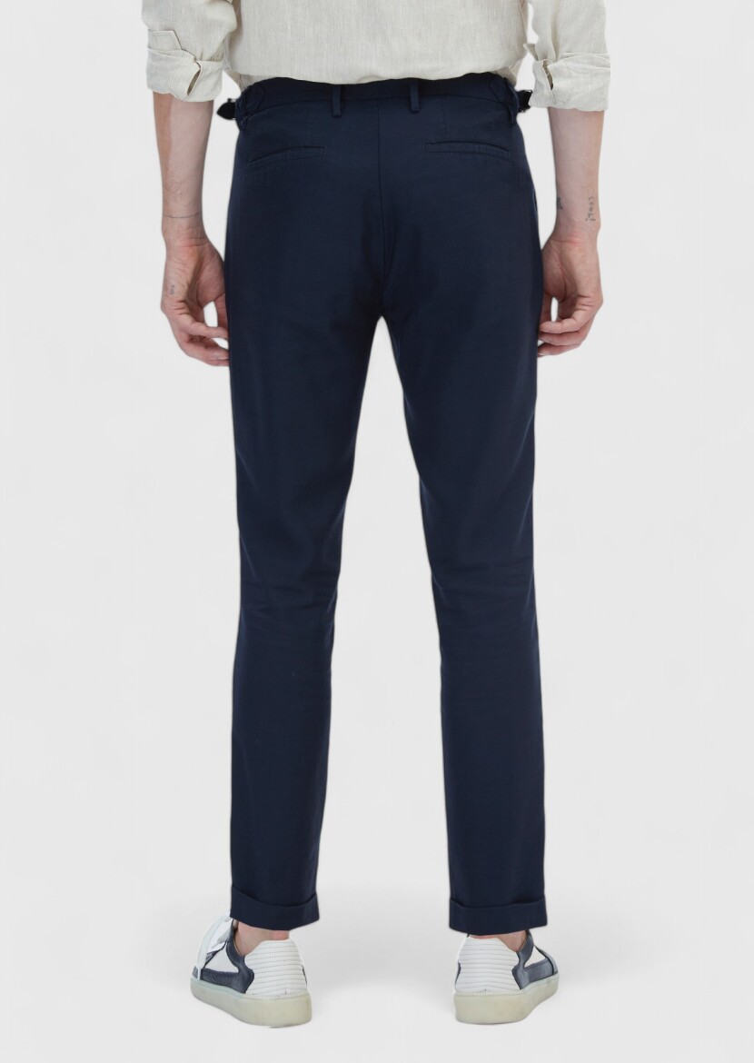 Navy Blue Weaving Regular Fit Casual Linen Blended Trousers - 5