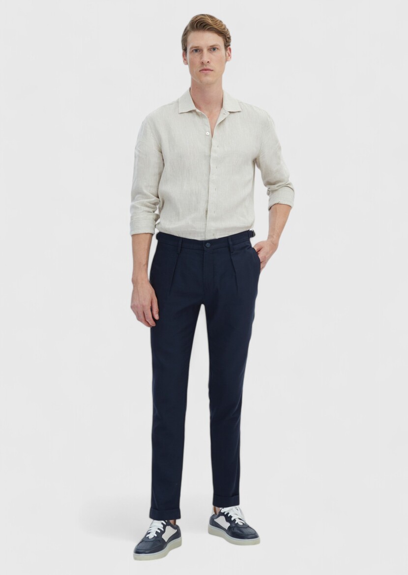 Navy Blue Weaving Regular Fit Casual Linen Blended Trousers 