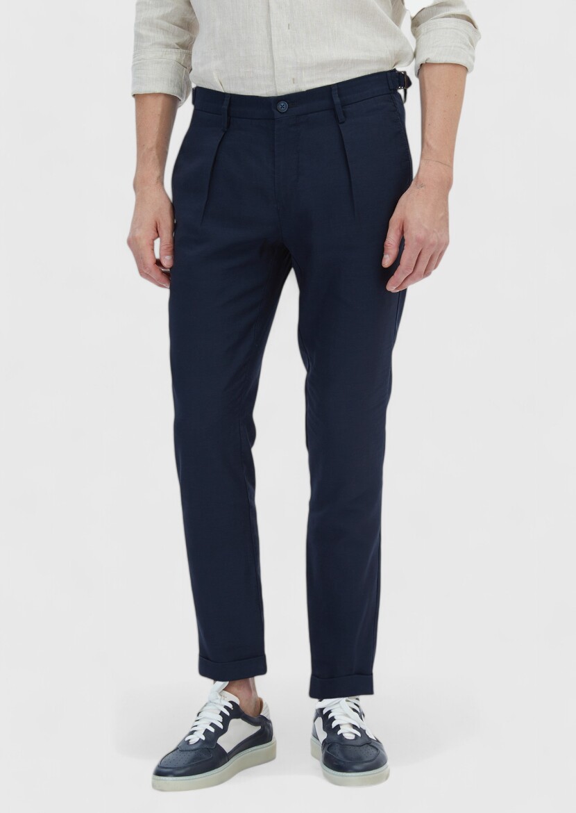 Navy Blue Weaving Regular Fit Casual Linen Blended Trousers - 2