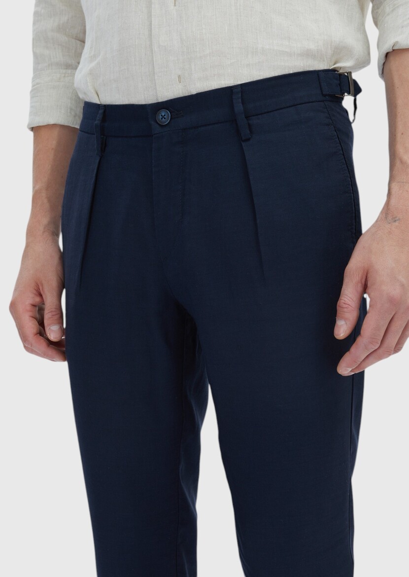 Navy Blue Weaving Regular Fit Casual Linen Blended Trousers - 3