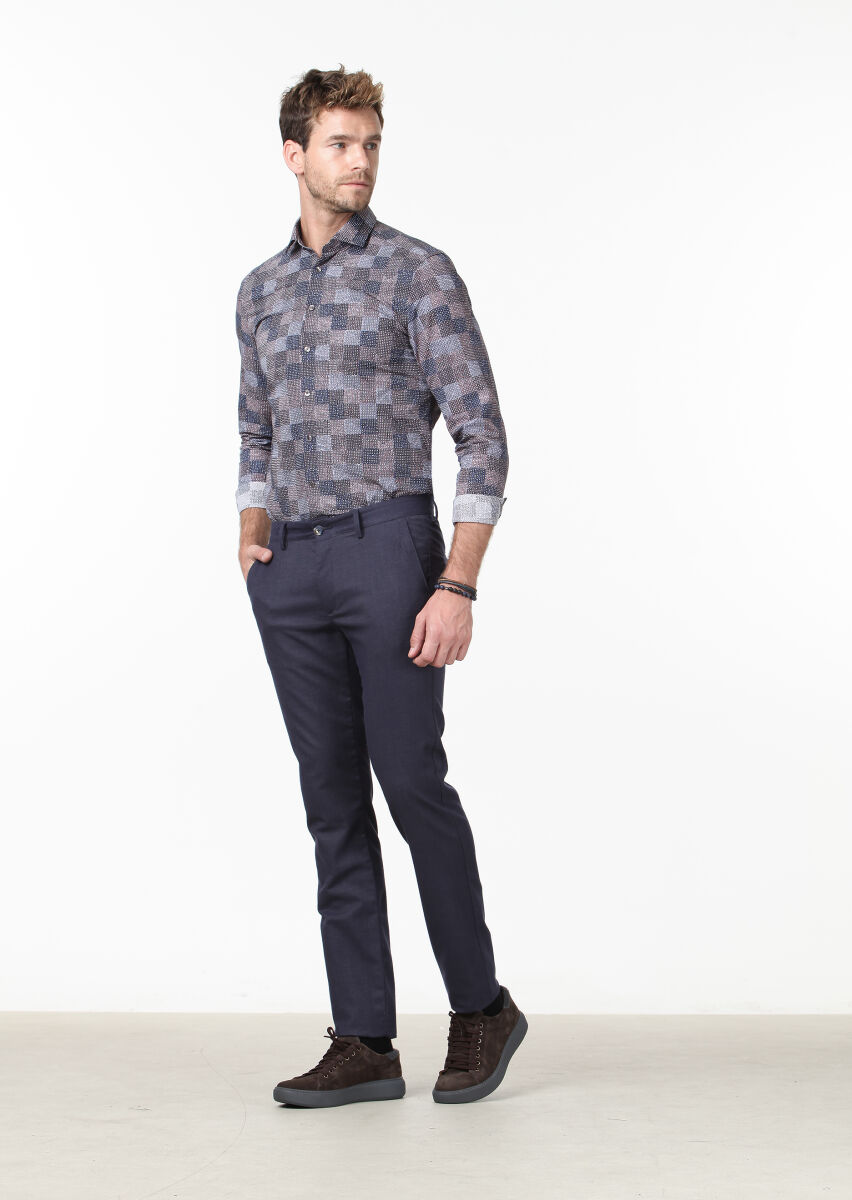 Navy Blue Weaving Regular Fit Casual Trousers - 1