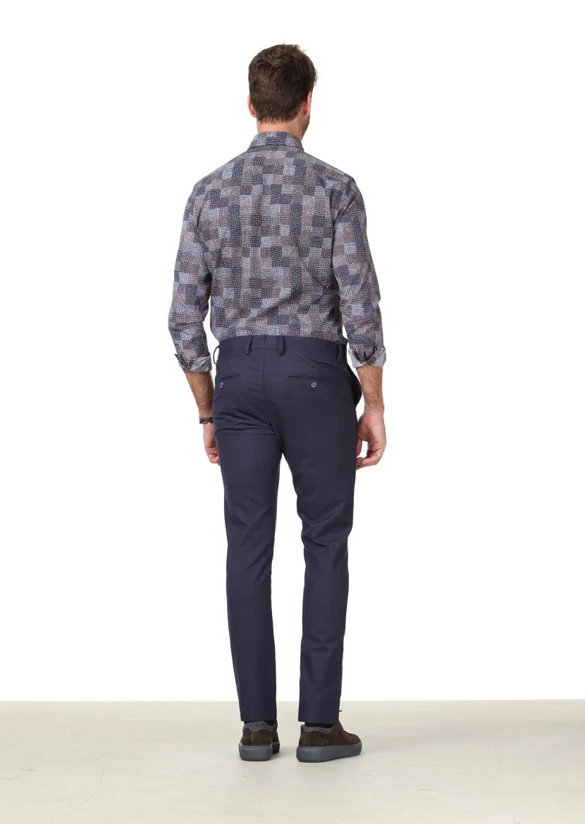 Navy Blue Weaving Regular Fit Casual Trousers - 4