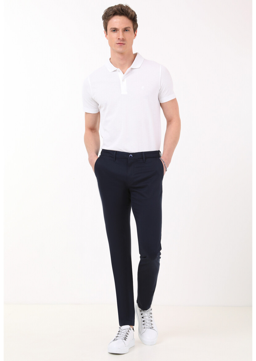 Navy Blue Weaving Regular Fit Casual Trousers 