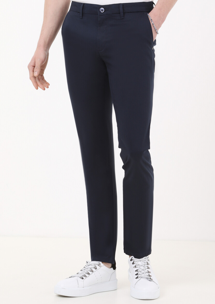 Navy Blue Weaving Regular Fit Casual Trousers 