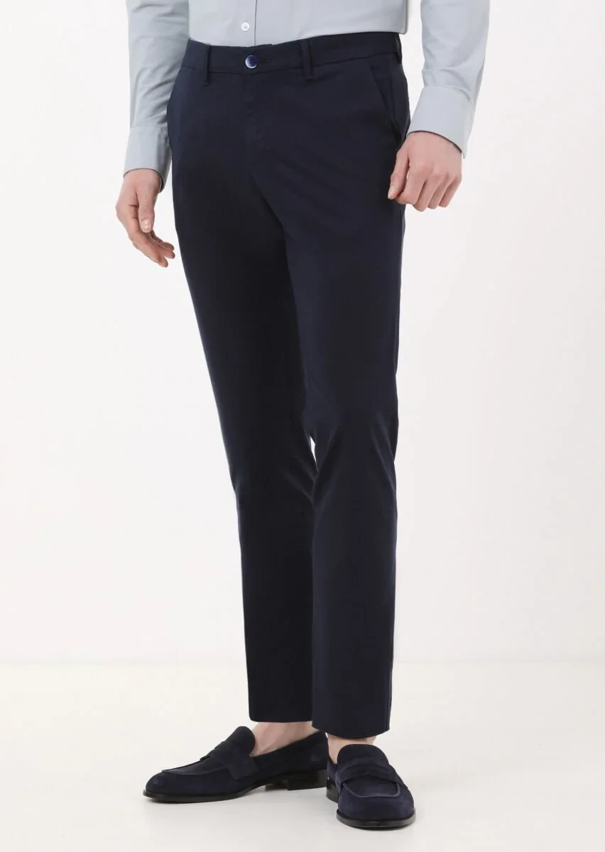 Navy Blue Weaving Regular Fit Casual Trousers - 2