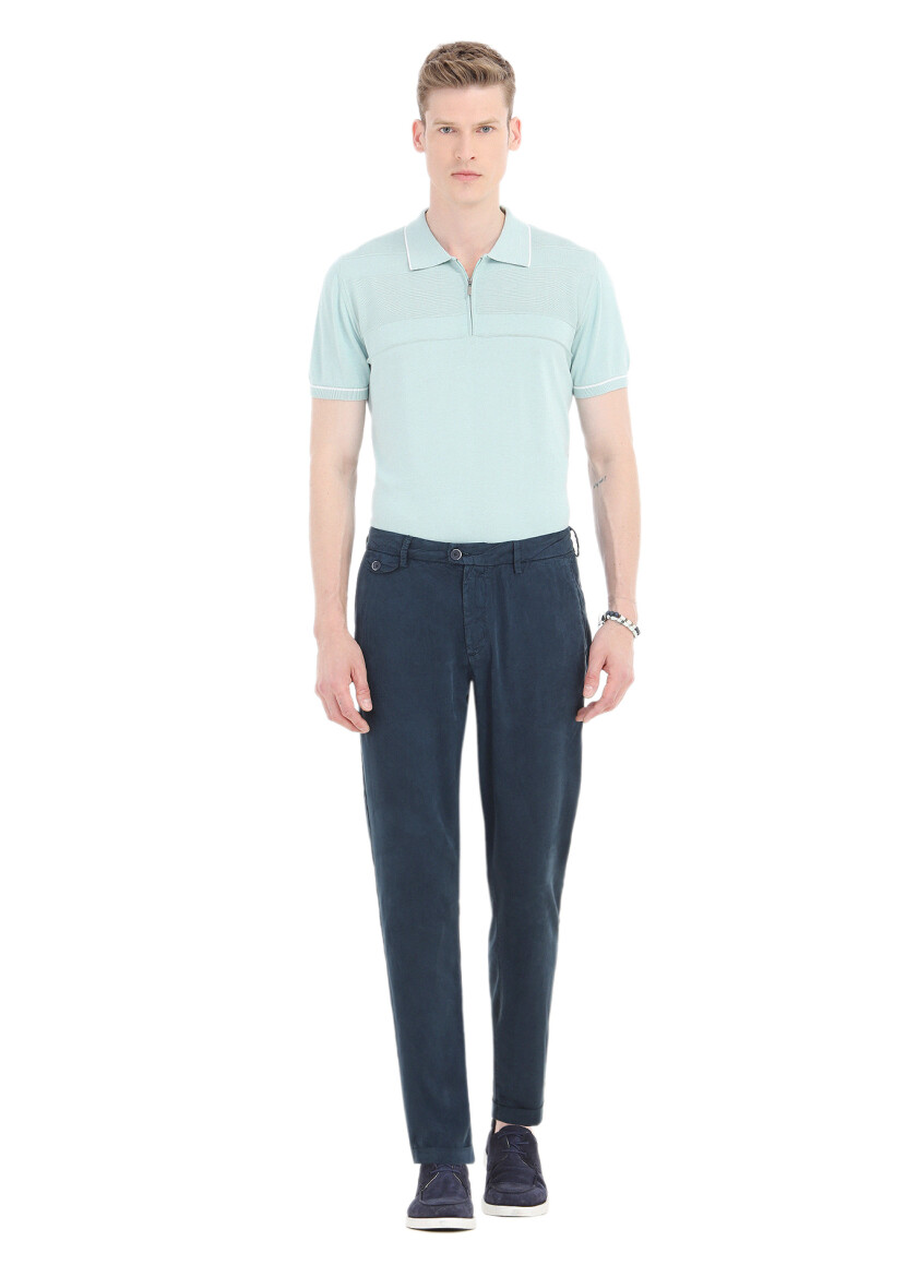 Navy Blue Weaving Regular Fit Casual Trousers 