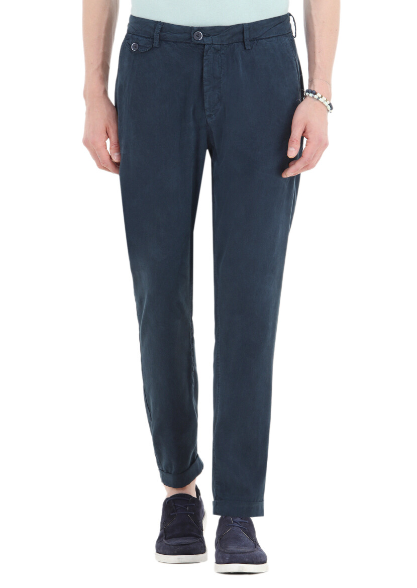 Navy Blue Weaving Regular Fit Casual Trousers - 2