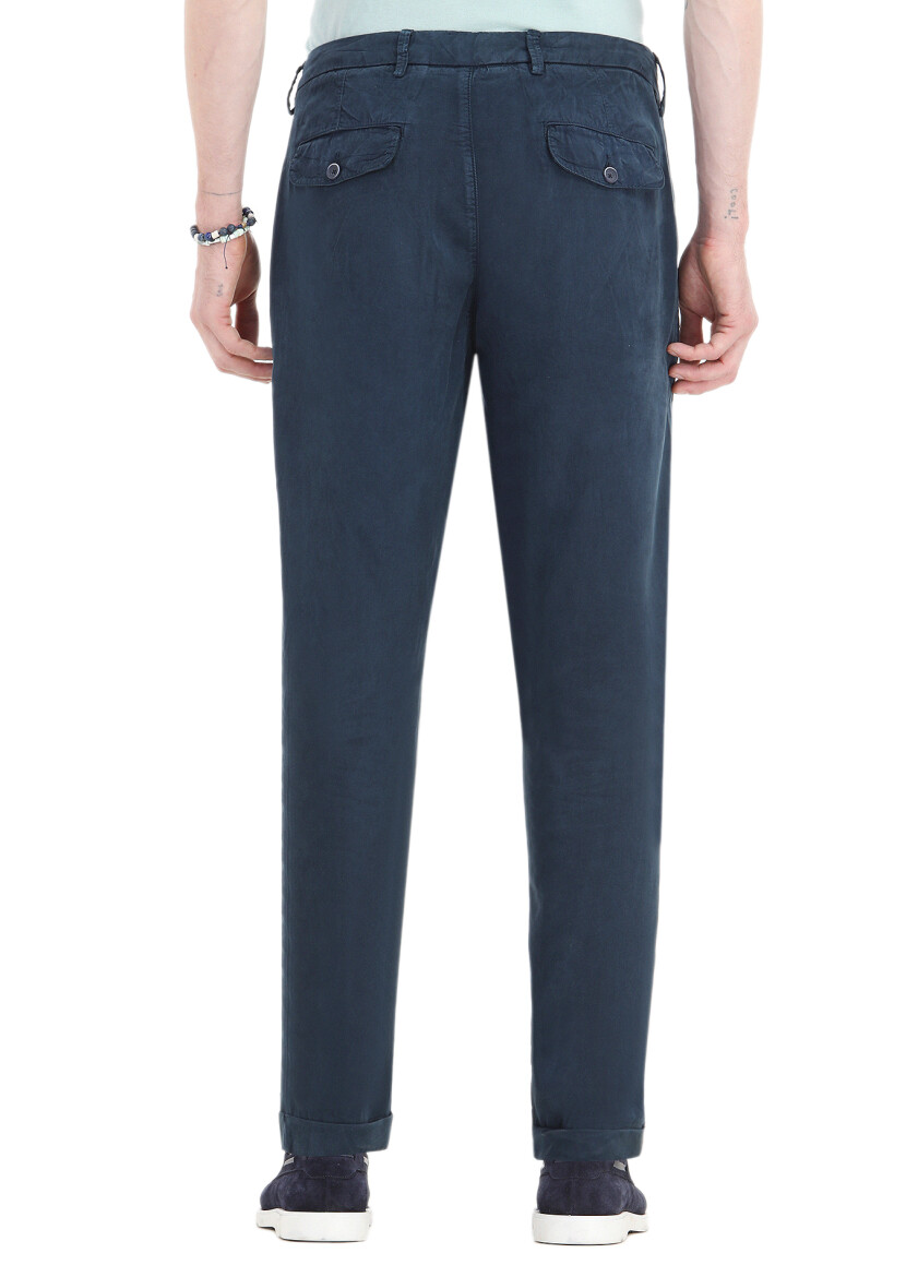 Navy Blue Weaving Regular Fit Casual Trousers - 4