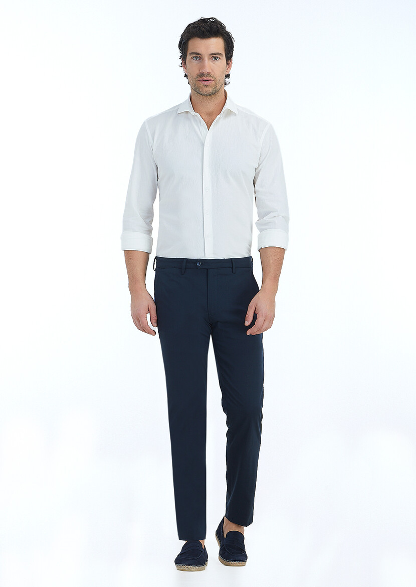 Navy Blue Weaving Regular Fit Casual Trousers 