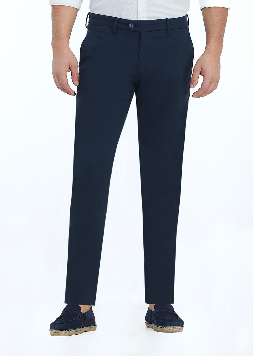 Navy Blue Weaving Regular Fit Casual Trousers - 2